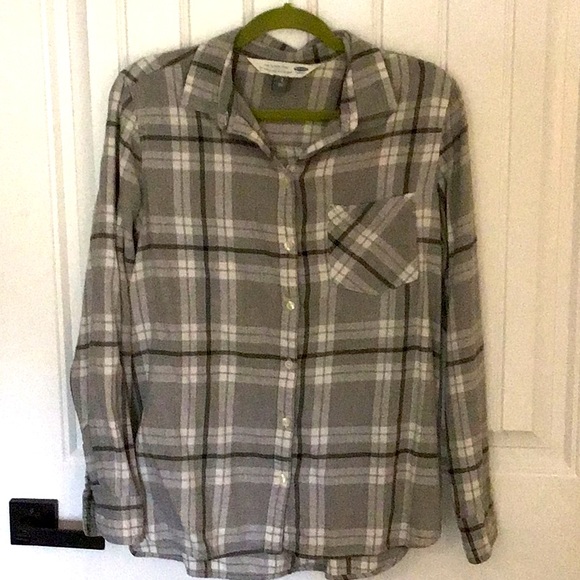 Old Navy boyfriend gray flannel plaid blouse L - Picture 1 of 4